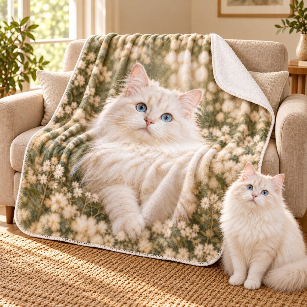 Illustrative personalized cat photo on a Sherpa blanket, 50 by 60 inches, white reverse.