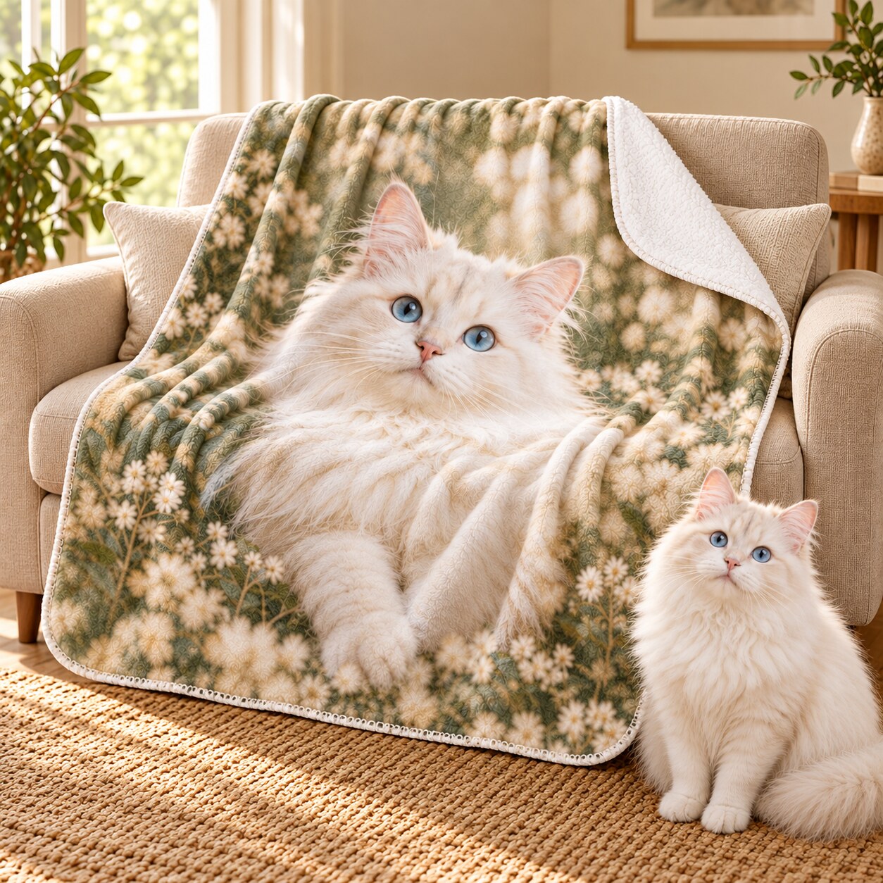 Home Illustrative custom pet portrait printed across a plush Sherpa blanket